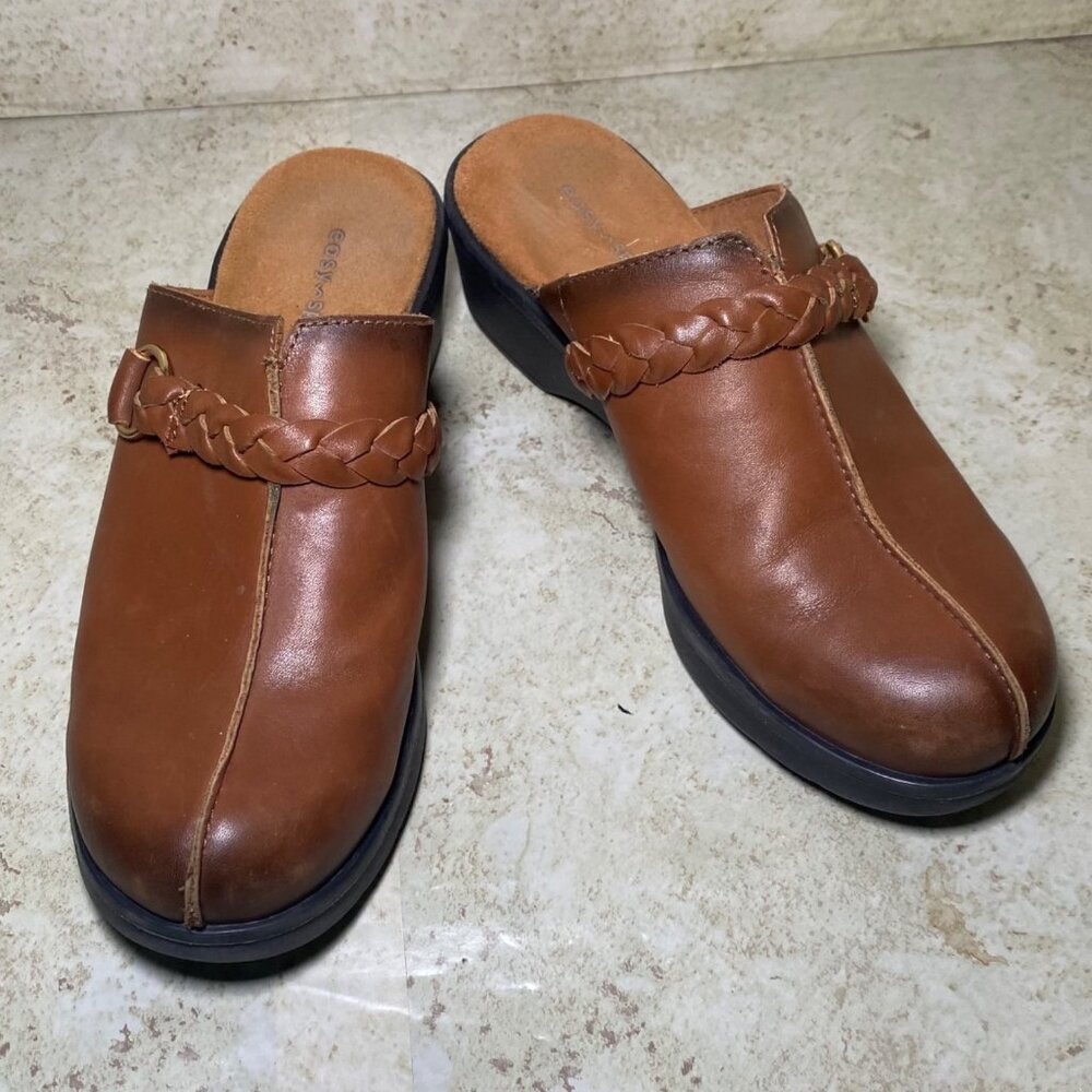 Brown Leather Slip-On Clogs Braided Strap Casual Comfort Boho Festival Indie‎